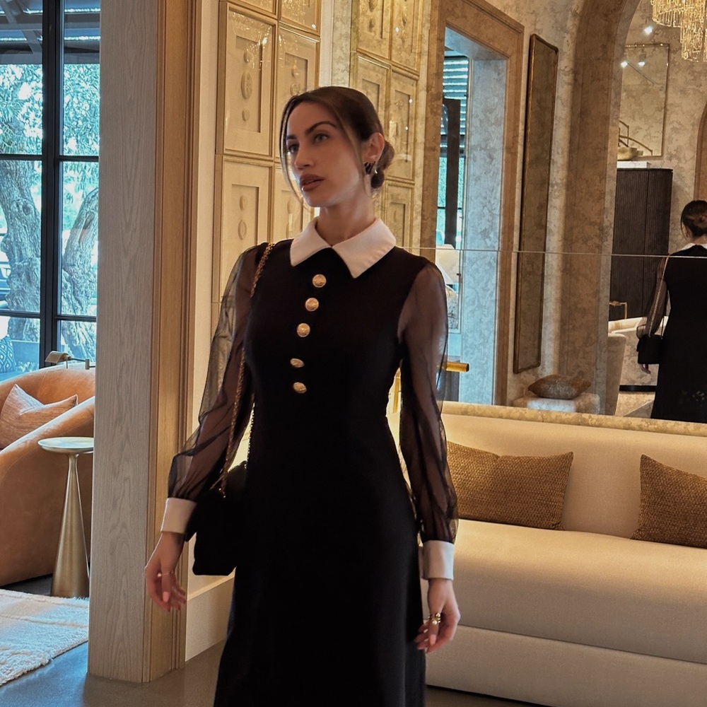 Black Sheath Dress with Bishop Sleeves and Peter Pan Collar - Picture 2 of 6